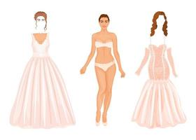Beautiful bride character with wedding wardrobe and optional hairstyles. Paper doll with two white gowns, dress-up game. vector