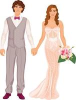Beautiful, stylish couple in wedding costumes. Bride and groom holding hands, isolated on white background. vector