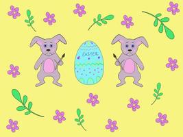 Cute easter vector illustration with bunnies and easter egg, floral pattern and yellow background