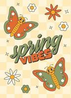 Retro y2k groovy spring poster. Funny cartoon character, butterfly, flowers, daisy vector