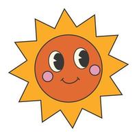 Groovy 70s sun sticker. Y2k groovy cartoon style. 70s-80s retro vibes. vector