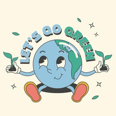Y2k groovy earth day cartoon poster, card. Environmental protection. Let's go green slogan