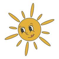 Groovy 70s summer, spring sticker. Y2k groovy cute sun character vector