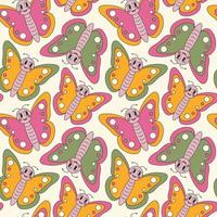 Y2k groovy 70s cute spring butterfly character seamless pattern vector