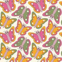 Y2k groovy 70s cute spring butterfly character seamless pattern vector