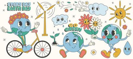 Y2k groovy earth day cartoon sticket set. Environmental protection. Save green planet and ecology concept. vector