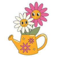 Groovy 70s sticker. Y2k groovy cartoon style characters flower, daisy. 70s-80s retro vibes. vector