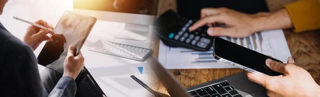 Team Of Business working at office with documents on his desk, doing planning analyzing the financial report, business plan investment, finance analysis concept photo