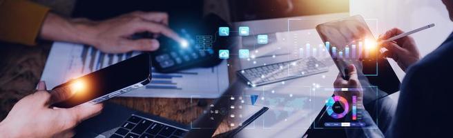 Analyst working with Business Analytics and Data Management System on computer, make a report with KPI and metrics connected to database. Corporate strategy for finance, operations, sales, marketing. photo