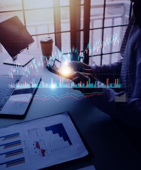 planning and strategy, Stock market, Hands of business people working at modern cafe. Technical price graph and indicator, red and green candlestick chart and stock trading computer screen background. photo