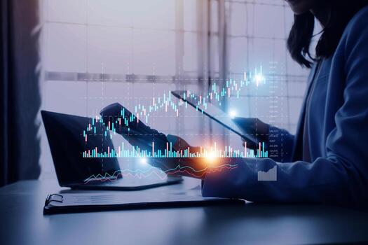 planning and strategy, Stock market, Hands of business people working at modern cafe. Technical price graph and indicator, red and green candlestick chart and stock trading computer screen background. photo