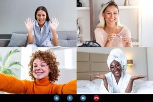 Group video call with diverse multiracial friends on online. Pc screen view six multi ethnic young people, application advertisement easy and comfortable usage concept photo