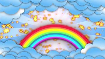 cartone animato arcobaleno, nube, sole, e stelle sfondo animazione con retrò effetti. colorato arcobaleno 2d cartone animato animazione con sole effetti. bambini arcobaleno nube sfondo, nube in movimento nel il cielo e video