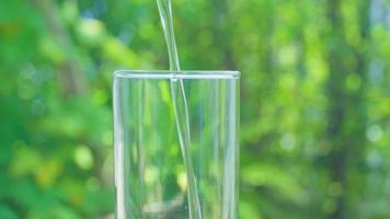 Pouring purified water into a glass of water on a blurry green leaf background video