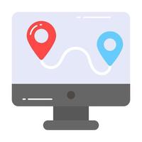 Map pins inside monitor, vector design of online location in trendy style