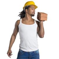 Strong construction worker with bricks photo