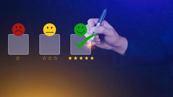 Businessman choosing happy smile face icon. feedback rating and positive customer review experience, satisfaction survey. mental health assessment. photo