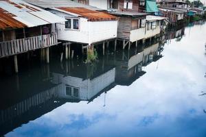 pequeño casas, barrio bajo cerca canal.viejo comunidad en orilla en tailandia foto