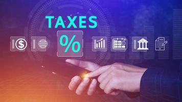 Business using smart phone to complete Individual income tax return form online for tax payment. Government, state taxes. Data analysis, paperwork, financial research, Calculation tax return. photo