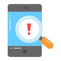 Exclamation mark on magnifier with mobile, vector of mobile notification alert