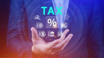 Business using computer to complete Individual income tax return form online for tax payment. Government, state taxes. Data analysis, paperwork, financial research, Calculation tax return. photo