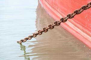 Ship's hull painted with load chain line ,Red Ship Detail With big chain ,Ship staying at dock displays photo