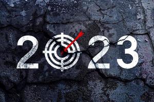 New year 2023 or straight forward target icon concept. Text 2023 text written with broken cement wall, Concept of planning, goal, challenge, new year resolution. photo