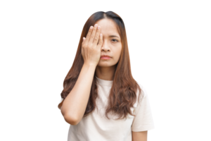 asiático mujer cubierta su ojos con su manos png