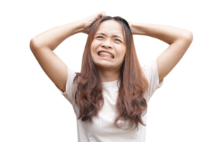 Asian woman having itchy head from dandruff png