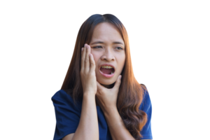 Asian woman with toothache presses her hand to her face png