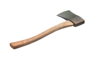 Old rust dirty dark gray axe with brown wooden handle isolated with clipping path in png file format