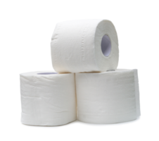 three rolls of white tissue paper or napkin in stack prepared for use in toilet or restroom isolated with clipping path in png file format with shadow