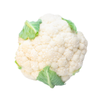 Close up of single fresh ripe white cauliflower head with some green leaves isolated with clipping path in png file format. Top view of organic vegetable, Concept of healthy eating