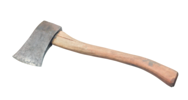 Old rust dirty dark gray ax with brown wooden handle isolated with clipping path in png file format.