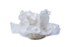 Single screwed or crumpled tissue paper or napkin in strange shape after use in toilet or restroom isolated with clipping path and shadow in png file format