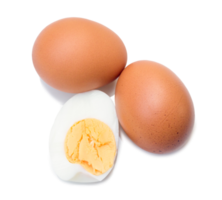 Close up of two boiled chicken eggs with peeled half isolated with clipping path and shadow in png file format, Selective focus photo