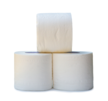 three rolls of white tissue paper or napkin in stack prepared for use in toilet or restroom isolated with clipping path and shadow in png file format