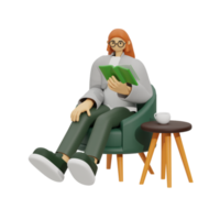 3d illustration sitting in the sofa with reading book png