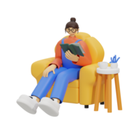 3d illustration sitting in the sofa with reading book png