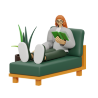 3d illustration sitting in the sofa with reading book png