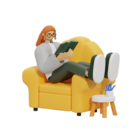 3d illustration sitting in the sofa with reading book png