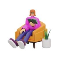 3d illustration sitting in the sofa with reading book png