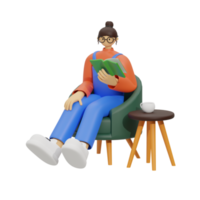 3d illustration sitting in the sofa with reading book png