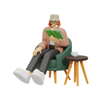 3d illustration sitting in the sofa with reading book png