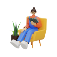 3d ilustração sentado dentro a sofá com lendo livro png