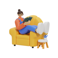 3d illustration sitting in the sofa with reading book png