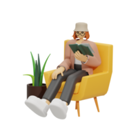 3d ilustración sentado en el sofá con leyendo libro png