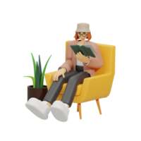 3d illustration sitting in the sofa with reading book png