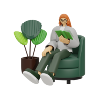 3d illustration sitting in the sofa with reading book png