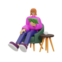 3d illustration sitting in the sofa with reading book png